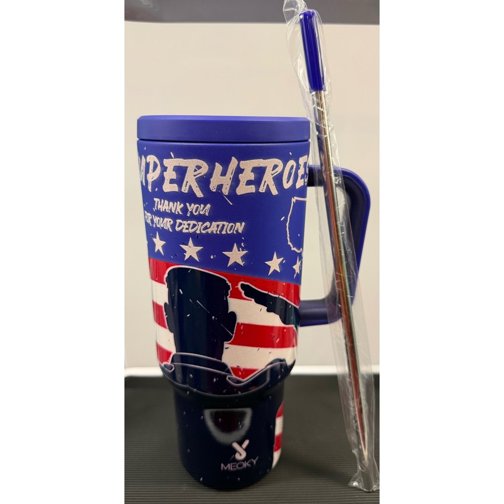 Meoky‎ 40oz Tumbler Patriotic Superheroes Thank You For Your Dedication Blue New